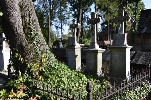 Widok na pole grobowe składające się z trzech krzyży na postumentach (nagrobkach): Pauliny Szymoński, Juliusa Schimonsky oraz Antoniego Szymonski (zdj. Katarzyna Mazur)